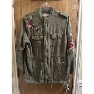 Knox Rose Army Green Floral Embroidered Military Light Weight Jacket Size L Cute
